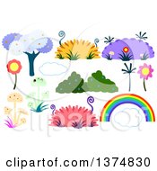 Poster, Art Print Of Tree Shrubs Mushrooms Flowers And A Rainbow