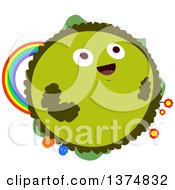 Poster, Art Print Of Happy Green Planet With Flowers A Rainbow And Creatures