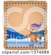 Poster, Art Print Of Happy Bear Ice Skating On A Parchment Page Border