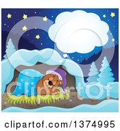 Poster, Art Print Of Cartoon Cute Brown Bear Dreaming With A Blanket And Night Cap In A Cave