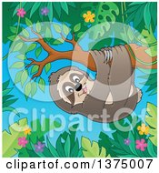 Poster, Art Print Of Happy Sloth Hanging From A Branch In A Jungle