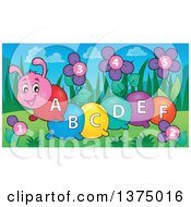 Poster, Art Print Of Happy Colorful Caterpillar With Letters On Its Body And Number Flowers
