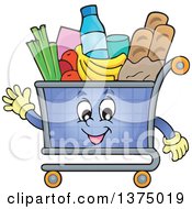 Waving Shopping Cart Character Full Of Groceries
