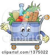 Waving Shopping Cart Mascot Full Of Groceries