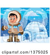 Poster, Art Print Of Happy Inuit Eskimo Boy Presenting By An Igloo