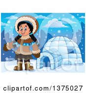 Poster, Art Print Of Happy Inuit Eskimo Girl Presenting By An Igloo