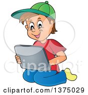 Poster, Art Print Of Happy Brunette Caucasian Boy Kneeling And Using A Laptop Computer