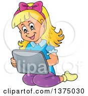 Poster, Art Print Of Happy Blond Caucasian Girl Kneeling And Using A Laptop Computer