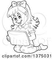 Clipart Of A Black And White Happy Girl Kneeling And Using A Laptop Computer Royalty Free Vector Illustration by visekart