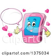 Poster, Art Print Of Cartoon Happy Pink Smart Phone Character Talking And Presenting