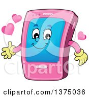 Clipart Of A Cartoon Happy Pink Smart Phone Character Presenting Royalty Free Vector Illustration
