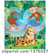 Clipart Of A Tiger And Monkeys In The Jungle Royalty Free Vector Illustration by visekart