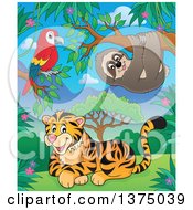 Poster, Art Print Of Parrot Sloth And Tiger In The Jungle