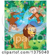 Clipart Of A Lion And Monkeys In The Jungle Royalty Free Vector Illustration by visekart
