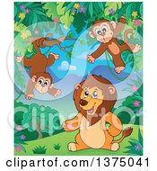 Poster, Art Print Of Lion And Monkeys In The Jungle