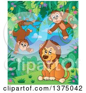 Poster, Art Print Of Lion And Monkeys In The Jungle
