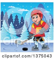 Poster, Art Print Of Happy Caucasian Male Ice Hockey Player Playing On A Frozen Lake