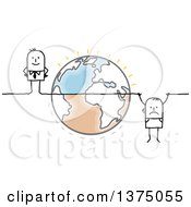 Clipart Of A Stick Business Man Hanging From A Line Crossing Earth With A Successful Man On The Other Side Royalty Free Vector Illustration by NL shop