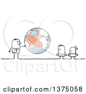 Poster, Art Print Of Stick Business Man Holding A Bandaged Planet Earth Out To Children
