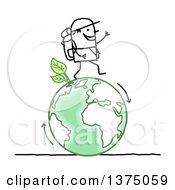 Poster, Art Print Of Stick Man Hiking On A Green Planet Earth