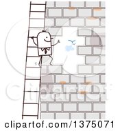 Stick Business Man Climbing A Ladder And Looking Through An Opening In A Brick Wall