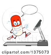 Clipart Of A Happy Pill Mascot Talking And Running On A Treadmill Royalty Free Vector Illustration