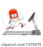 Happy Pill Mascot Running On A Treadmill