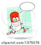 Clipart Of A Happy Pill Mascot Talking And Running Over A Green Square Royalty Free Vector Illustration
