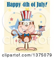 Poster, Art Print Of Happy Patriotic Monkey Wearing A Top Hat And Holding An American Flag Under Happy 4th Of July Text On Yellow