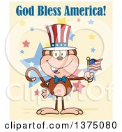 Poster, Art Print Of Happy Patriotic Monkey Wearing A Top Hat And Holding An American Flag Under God Bless America Text On Yellow