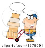 Poster, Art Print Of Caucasian Delivery Man Talking And Moving Boxes On A Dolly