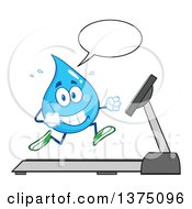 Clipart Of A Happy Blue Water Drop Character Talking And Running On A Treadmill Royalty Free Vector Illustration