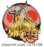 Retro Viking Warrior Holding Out Hazelnuts And Emerging From A Black And Red Circle