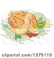 Poster, Art Print Of Sketched Roasted Chicken With Lemon Lime Mint Onion