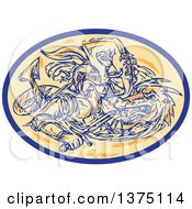 Poster, Art Print Of Sketched Scene Of St George Fighting A Dragon In An Oval