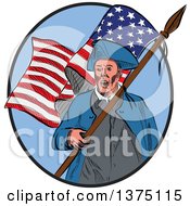 Poster, Art Print Of Sketched American Patriot Carrying A Flag Inside An Oval