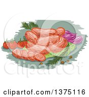 Poster, Art Print Of Sketch Of Sausages Vegetables And Herbs