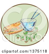 Poster, Art Print Of Sketch Of A Bahn Mi Vietnamese Sandwich With Meat And Bowl Of Rice And Chopsticks And Coriander Inside A Green And Brown Oval