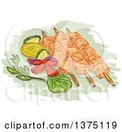 Sketch Of Chicken Kebabs With Vegetables On Green