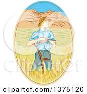 Poster, Art Print Of Sketched White Male Wheat Farmer Leaning On A Scythe In A Field Within An Oval