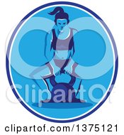 Retro Woman Crouching To Lift A Kettlebell In A Blue And White Oval