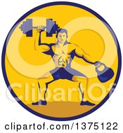 Clipart Of A Retro Bodybuilder Lifting A Dumbbell And Holding A Kettlebell In A Blue And Orange Circle Royalty Free Vector Illustration
