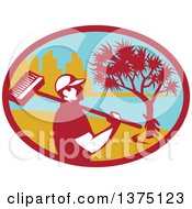 Poster, Art Print Of Retro Male Cleaner Holding A Broom Over His Shoulder Inside An Oval With A Pandanus Tree And Coast