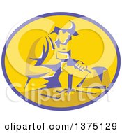 Poster, Art Print Of Retro Stonemason Worker Using A Mallet And Chisel To Carve Marble In A Purple And Yellow Oval