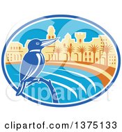 Retro Kingfisher Bird Perched Against A Mediterranean Coastal City In An Oval