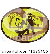 Retro Amish Farmer Man Pushing A Wheelbarrow With A Crowing Rooster On A Farm Within An Oval