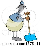 Sheep Wearing Winter Apparel Standing And Using A Snow Shovel