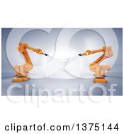 Poster, Art Print Of 3d Orange Robotic Arms Holding A Blank Banner On A Shaded Background