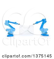 3d Blue Robotic Arms Holding A Blank Banner On A White Background