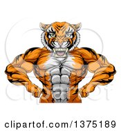 Poster, Art Print Of Tough Bodybuilder Tiger Man Flexing His Big Muscles From The Waist Up
